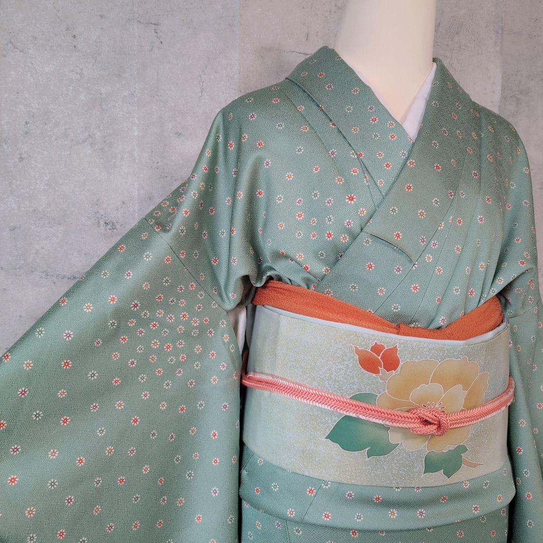 小紋　フルセット　着物　正絹　緑　可愛い　花　C1