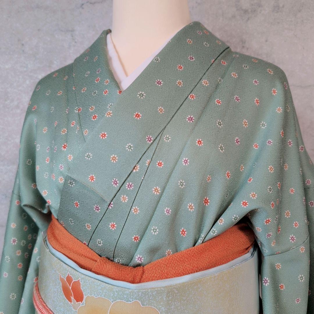 小紋　フルセット　着物　正絹　緑　可愛い　花　C1