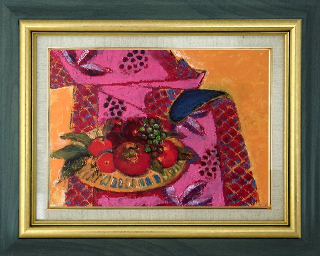 油絵 菅家令子 絵画インテリア 額付(青緑＋金色の枠)uF6-113902 果物