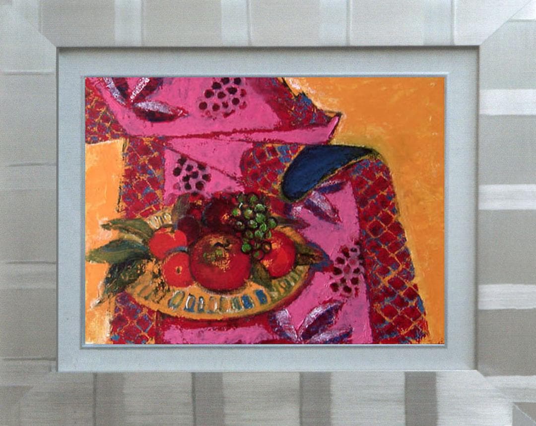 油絵 菅家令子 絵画インテリア 額付(青緑＋金色の枠)uF6-113902 果物