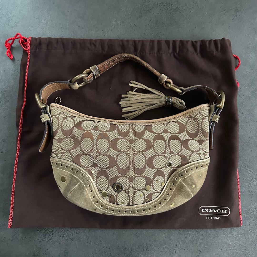 バッグ COACH Signature Suede Studded Hobo Bag