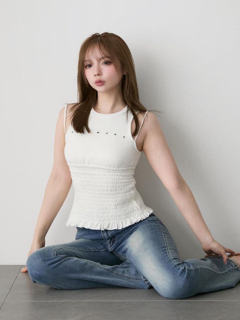 トップス Andmary Ami shirring logo tops white