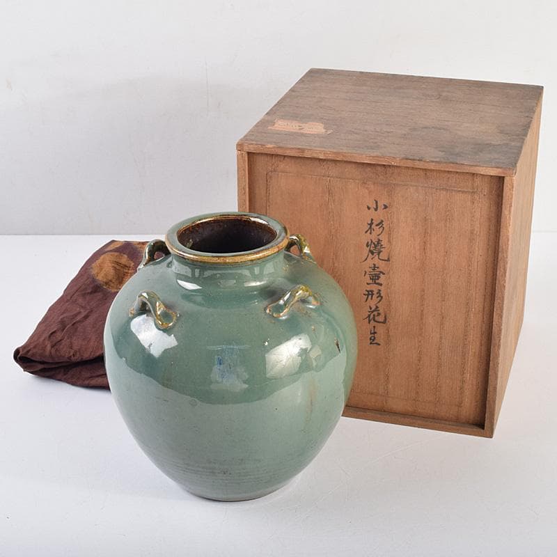 富山県　小杉焼　青磁　四耳壷形　花生　時代箱付　V　R9318