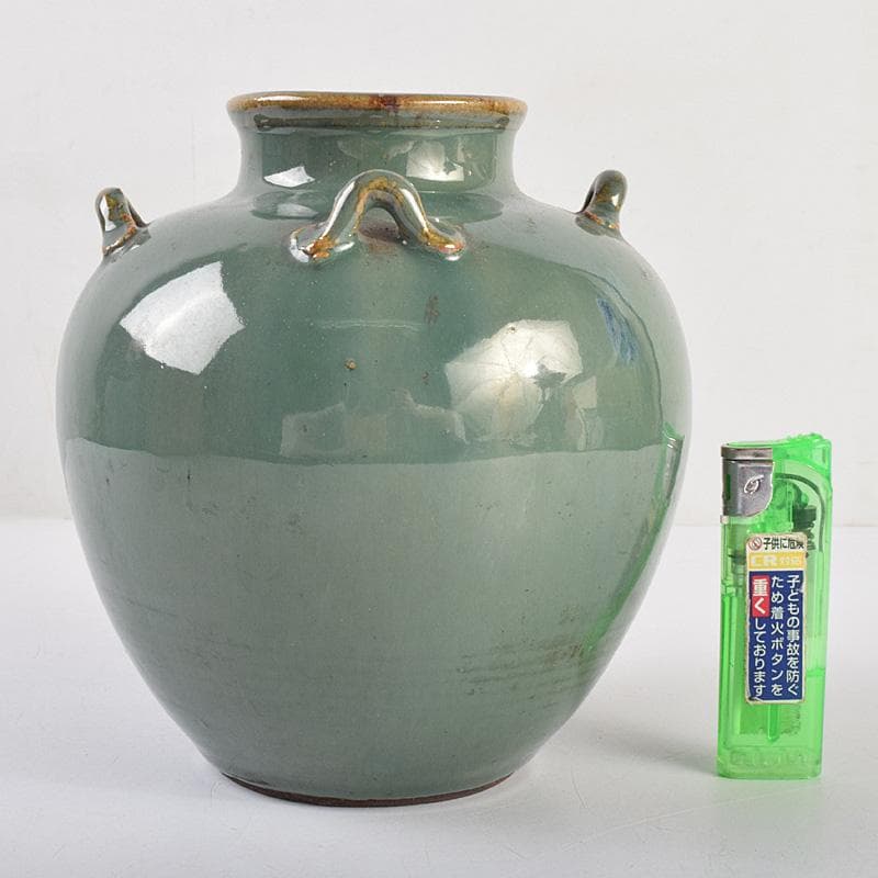 富山県　小杉焼　青磁　四耳壷形　花生　時代箱付　V　R9318