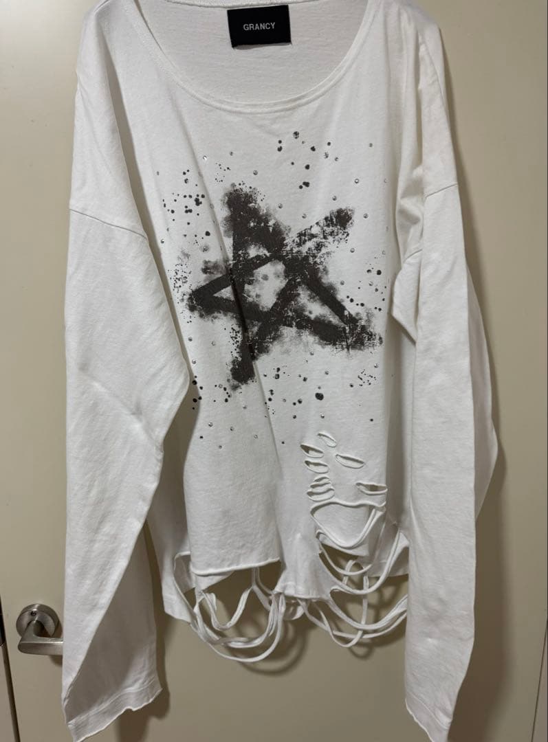 GRANCY ラインストーンデザイン グラフィックダメージ ロンT L