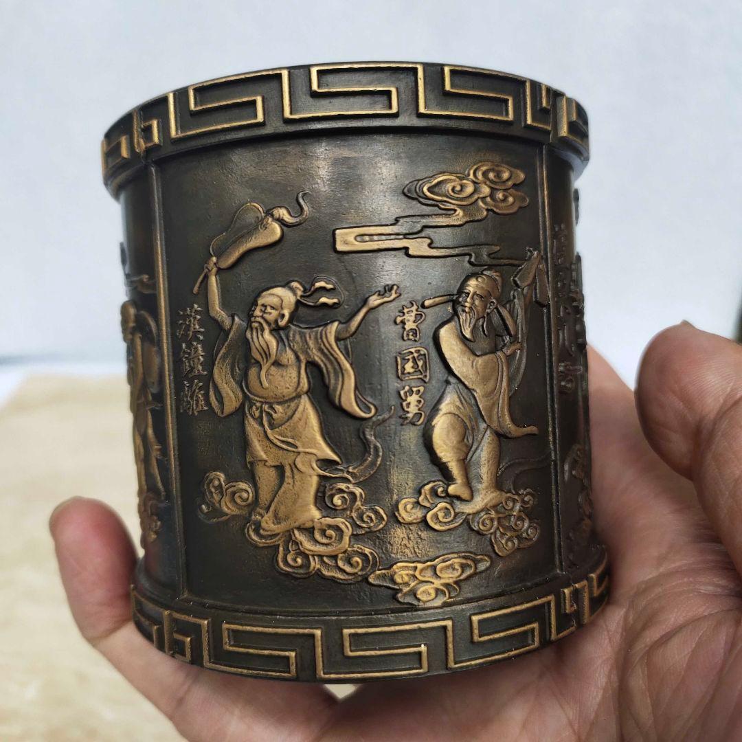 銅器 浮彫り八仙過海筆 書斎 書道具 文房具 装飾品 工芸品 美術品