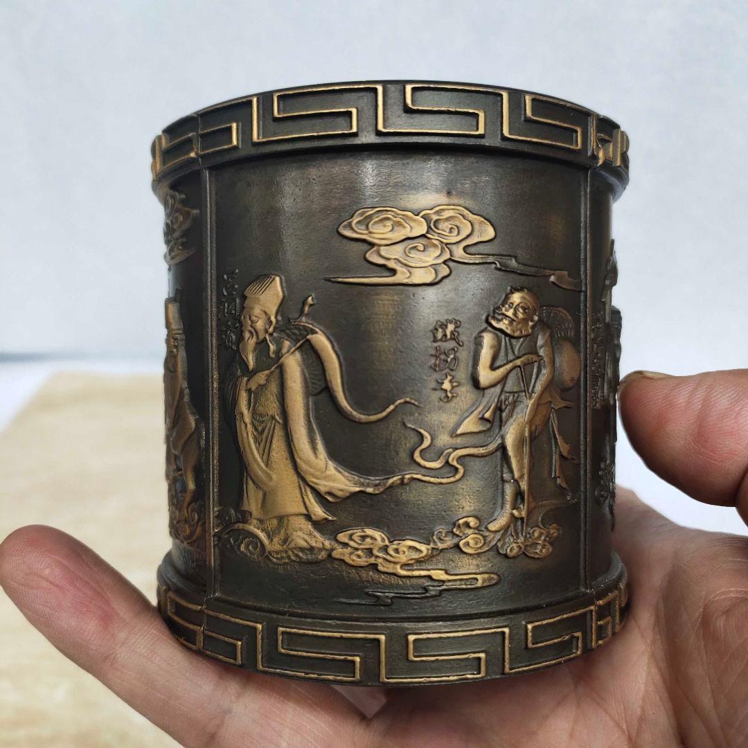 銅器 浮彫り八仙過海筆 書斎 書道具 文房具 装飾品 工芸品 美術品