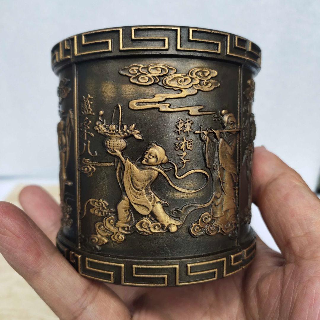 銅器 浮彫り八仙過海筆 書斎 書道具 文房具 装飾品 工芸品 美術品