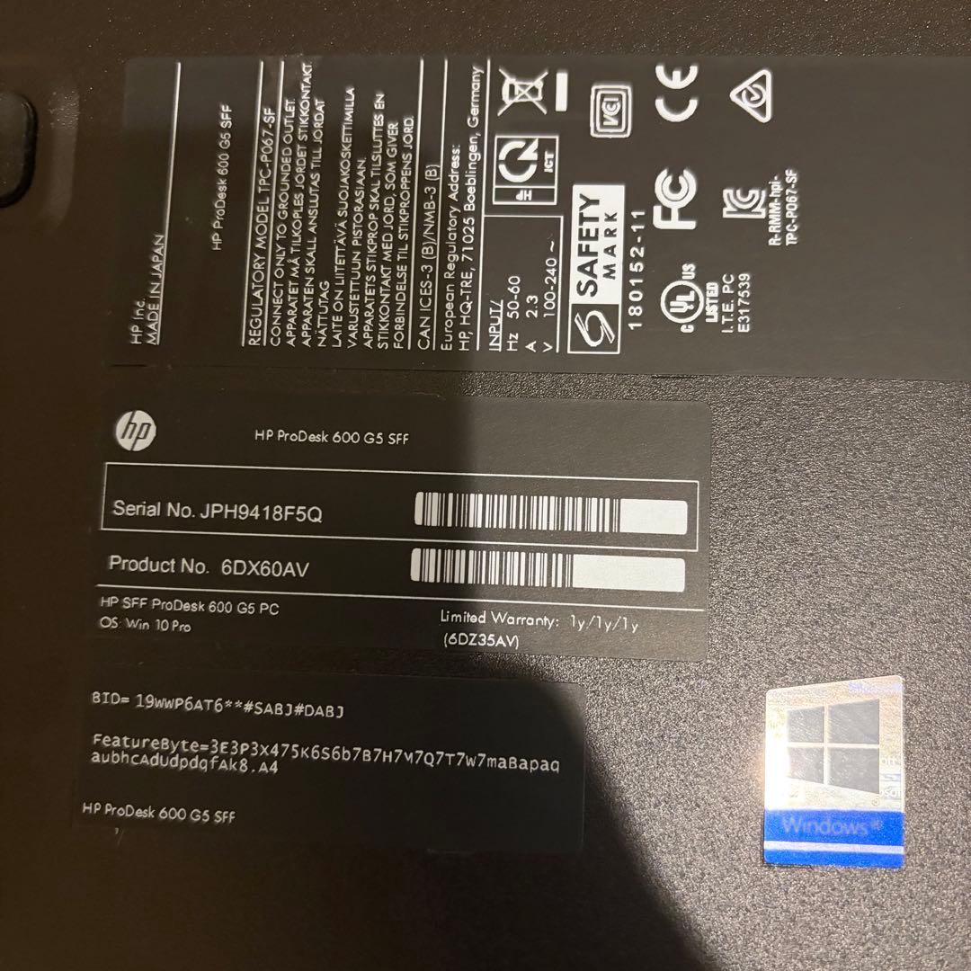 HP ProDesk 600 G5 SFF SSD256 メモリ16G NVNe
