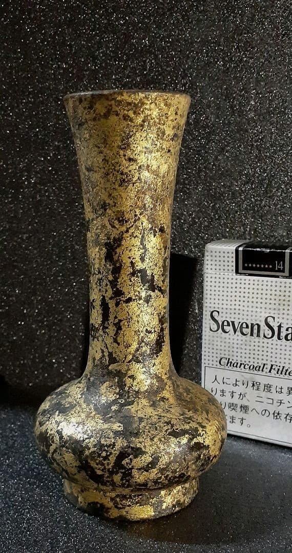 時代物　古銅　唐金　銅製　渡金　漆書き　筑前守銘　花押付き　花入れ