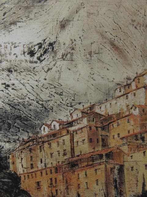 飯田史朗、【山峡の町】、希少な額装用画集より、新品額装付、状態良好