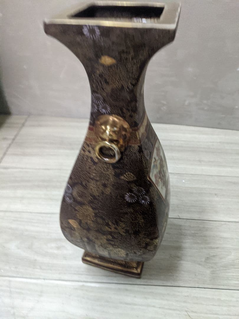 薩摩焼　飾り壷　金彩　金つぶ　山水　花鳥文　花瓶　連山　飾り耳付