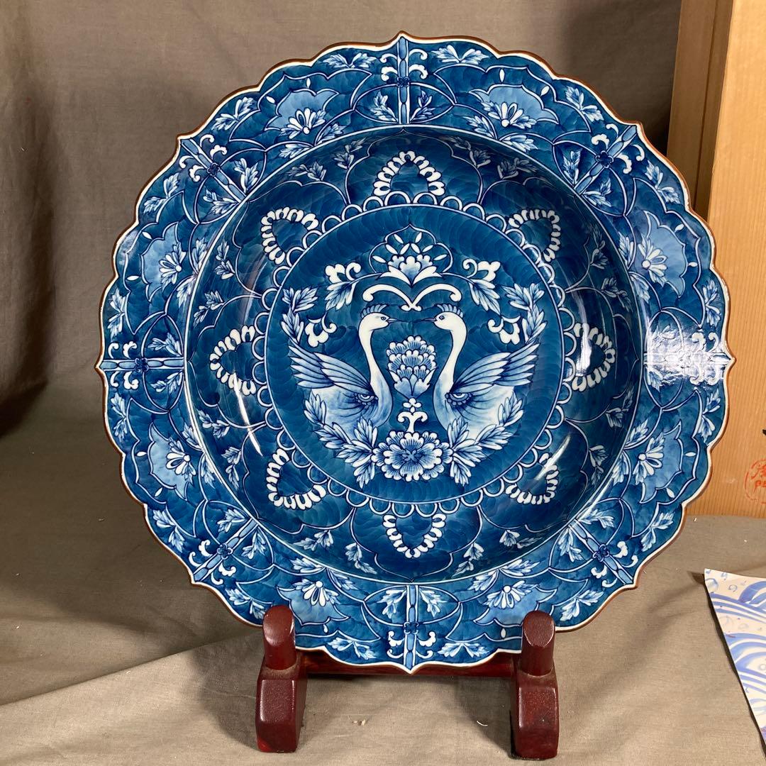 【源右衛門】古伊万里の伝統　日本名窯　舘林源右衛門作　染付濃双鳥文　特大花形深鉢