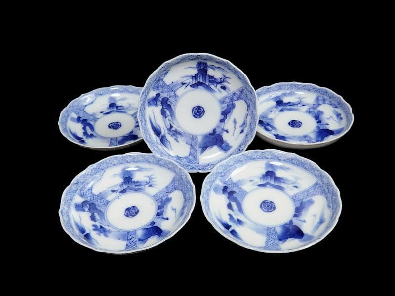 平戸　伊万里　立正堂製　割絵　山水紋の図　4寸皿　５枚　D083AS-DBi