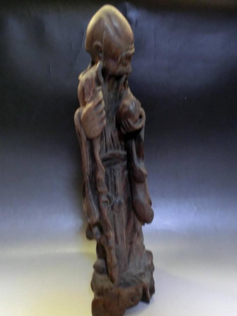 置物●古い人物像 唐木彫り 寿老人 桃持ち オブジェ 古美術 時代物 骨董品■