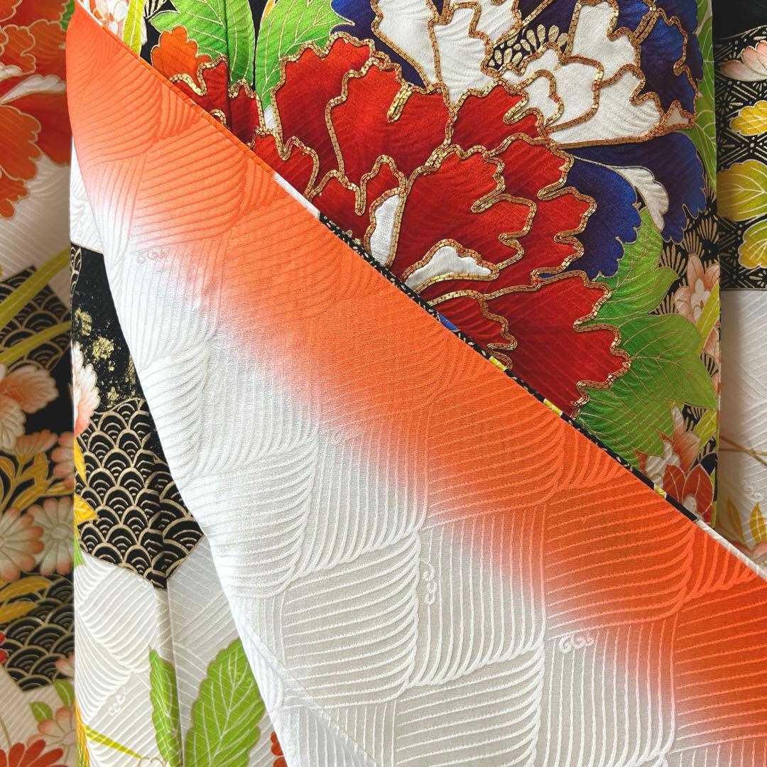 405 振袖フルセット 正絹 白 橙 黒 緑 金彩 駒刺繍 カラフル レトロ