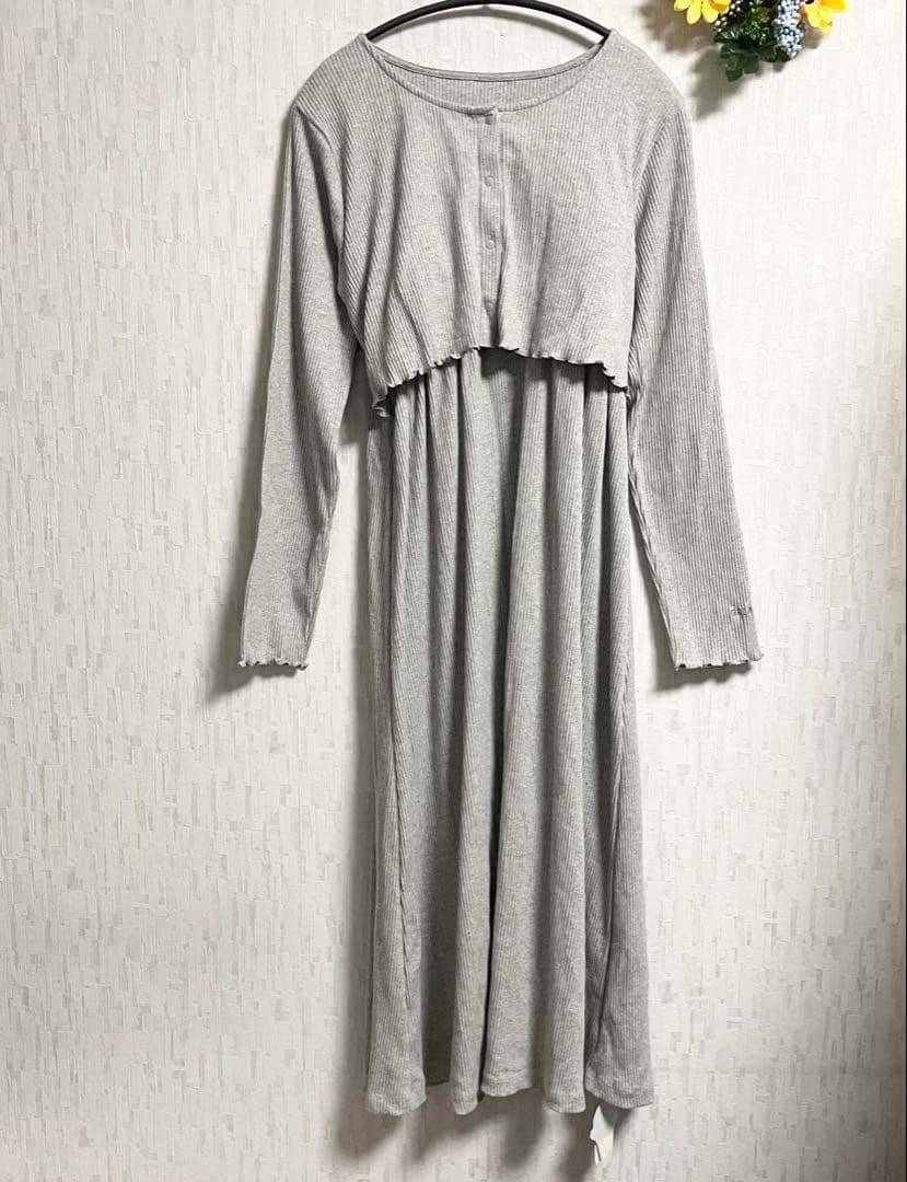 タグ付き ジェラートピケ　マタニティリブワンピース フリーサイズ グレー 長袖