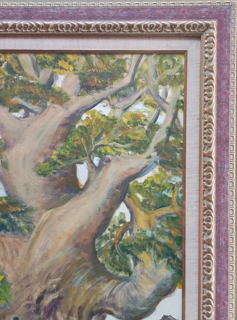 F15号 油絵・額縁セットアンティーク調 ゴールド アクリル板仕様 +神社 大楠