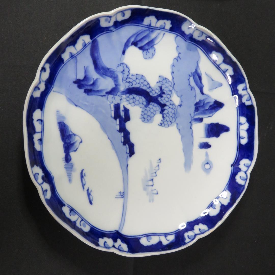 大皿 染付 古伊万里 明治 大正 山水 花文様 家屋 帆船 窯傷 名家 5枚