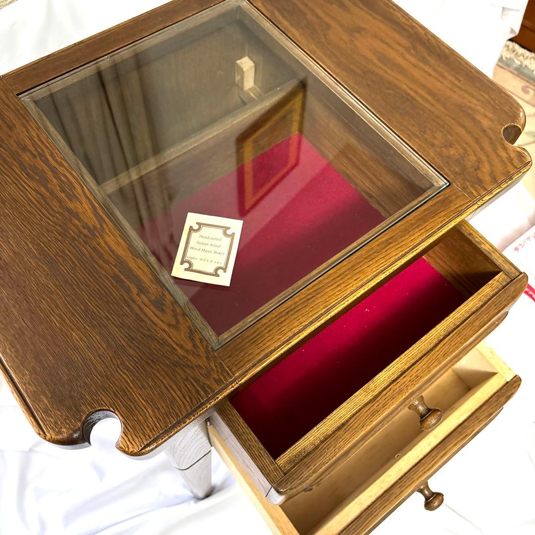 イタリアGiglio社　マホガニー木製サイドテーブル ガラス天板　2つ引き出し