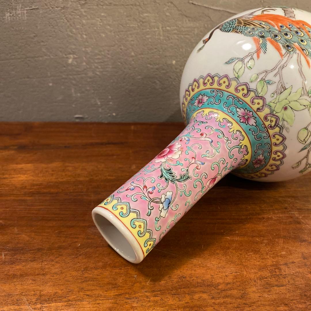 中国景徳鎮 孔雀 花柄 花器 フラワーベース 小壺 コレクション