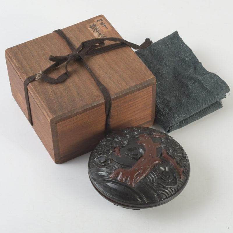 茶道具　鎌倉彫　花木文　香合　時代箱付　V　9611