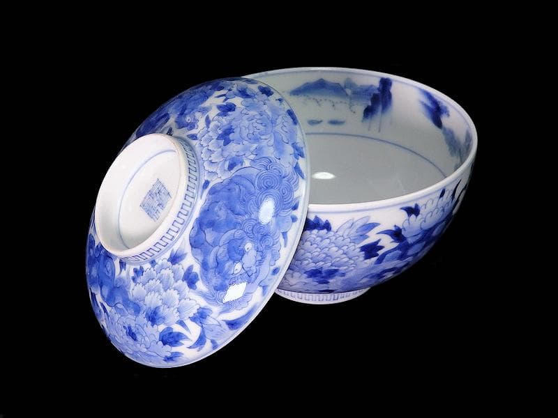 平戸　染付　唐獅子牡丹の図　蓋茶碗　E863AS-COz