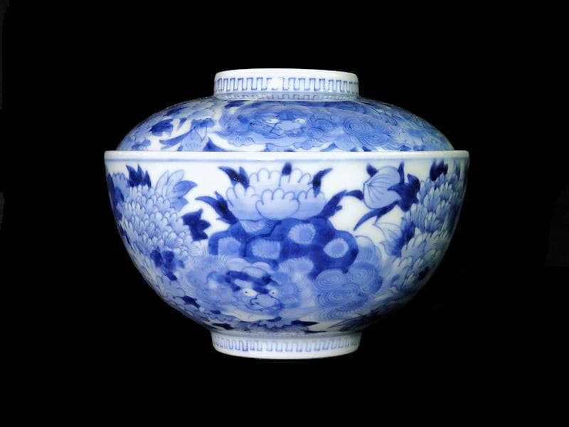 平戸　染付　唐獅子牡丹の図　蓋茶碗　E863AS-COz