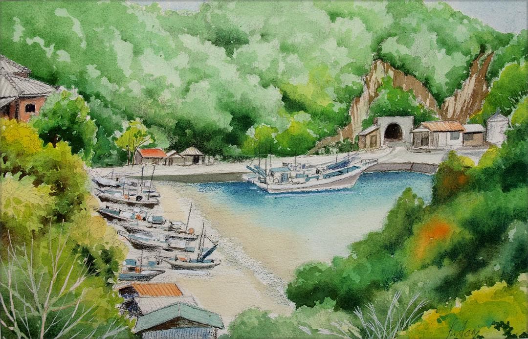 絵画「静かな漁港の昼さがり」　水彩画