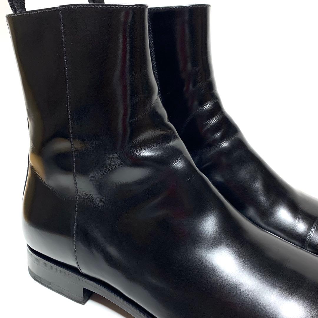 ☆良品 プラダ スクエアトゥ レザー サイドジップ ブーツ 黒 イタリア製 革靴