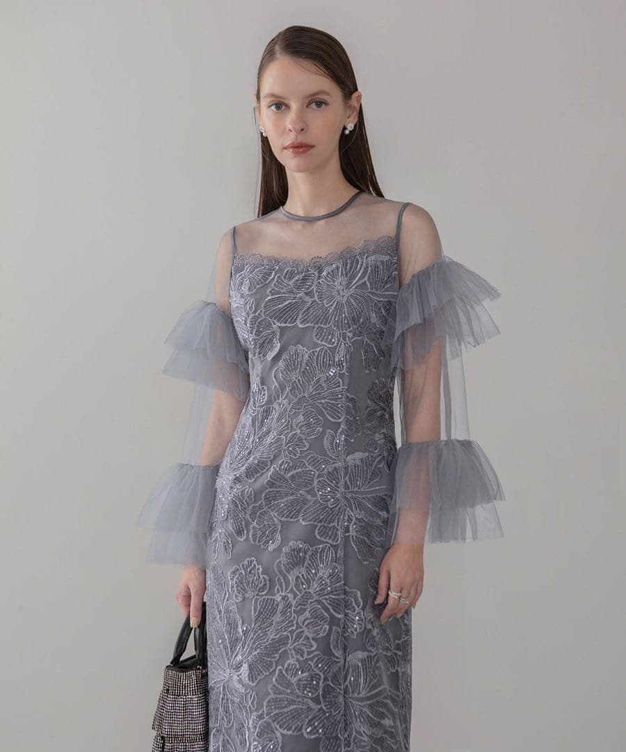 【himawari.】LEJA フリルチュールスリーブレースIラインワンピ