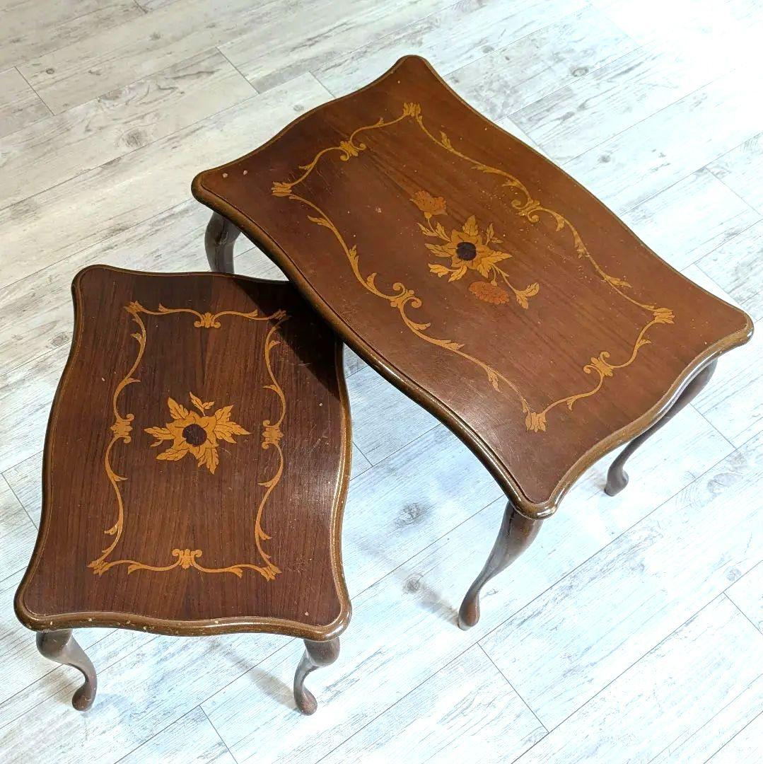 イタリア製 アンティーク調 ネストテーブル 大小セット 象嵌 花柄 猫脚