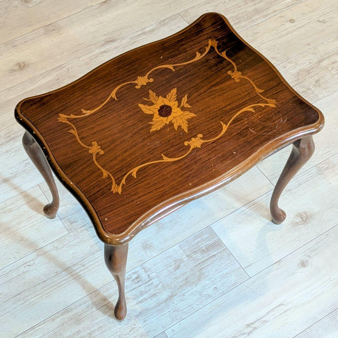 イタリア製 アンティーク調 ネストテーブル 大小セット 象嵌 花柄 猫脚