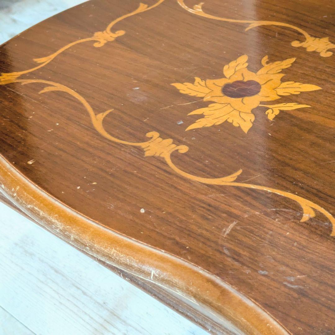 イタリア製 アンティーク調 ネストテーブル 大小セット 象嵌 花柄 猫脚