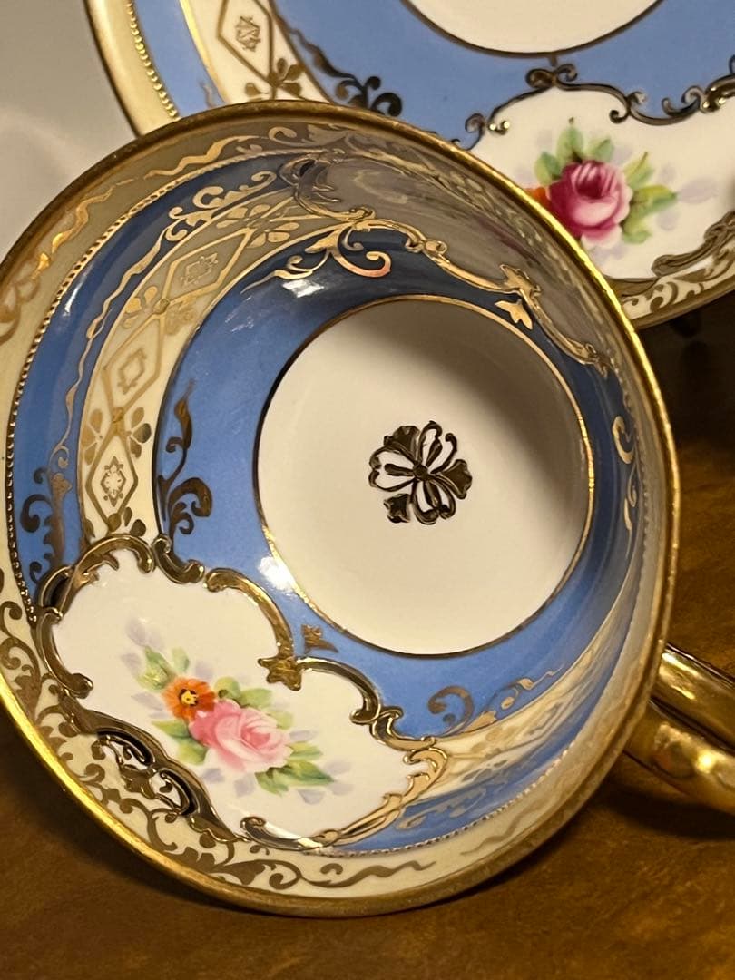 美品　オールドノリタケ　マルキ印　青と薔薇の装飾　金彩　ティーセット