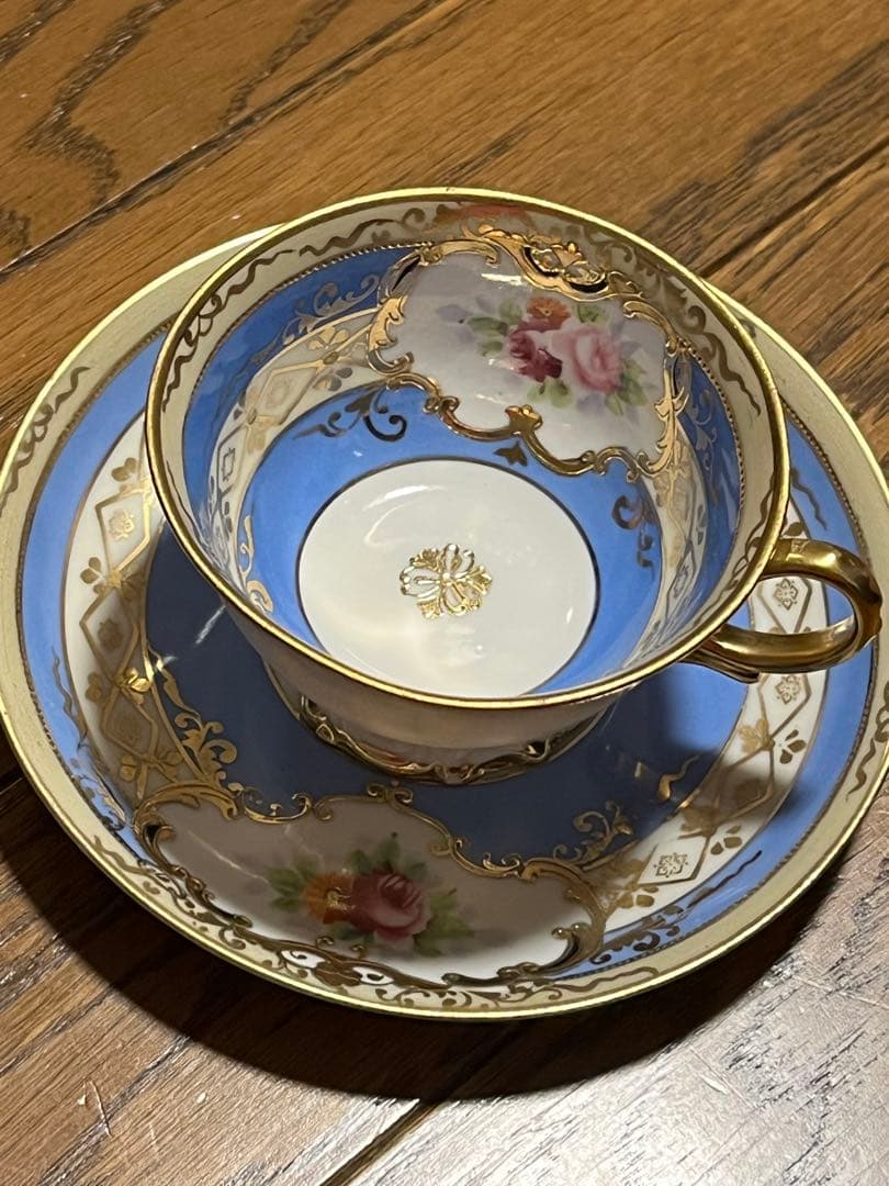 美品　オールドノリタケ　マルキ印　青と薔薇の装飾　金彩　ティーセット