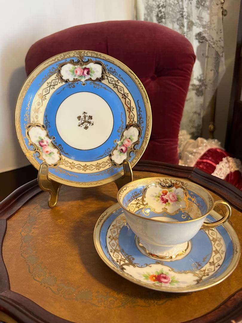 美品　オールドノリタケ　マルキ印　青と薔薇の装飾　金彩　ティーセット