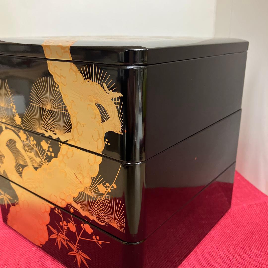 会津塗黒金老松松竹梅3段重箱