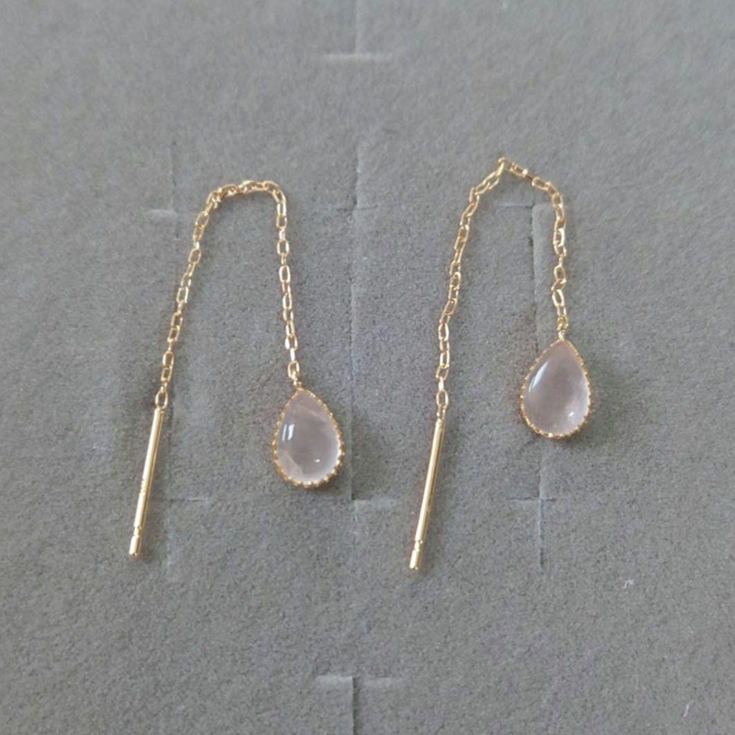 未使用　ローズクォーツ　アメリカンピアス　K18　イエローゴールド