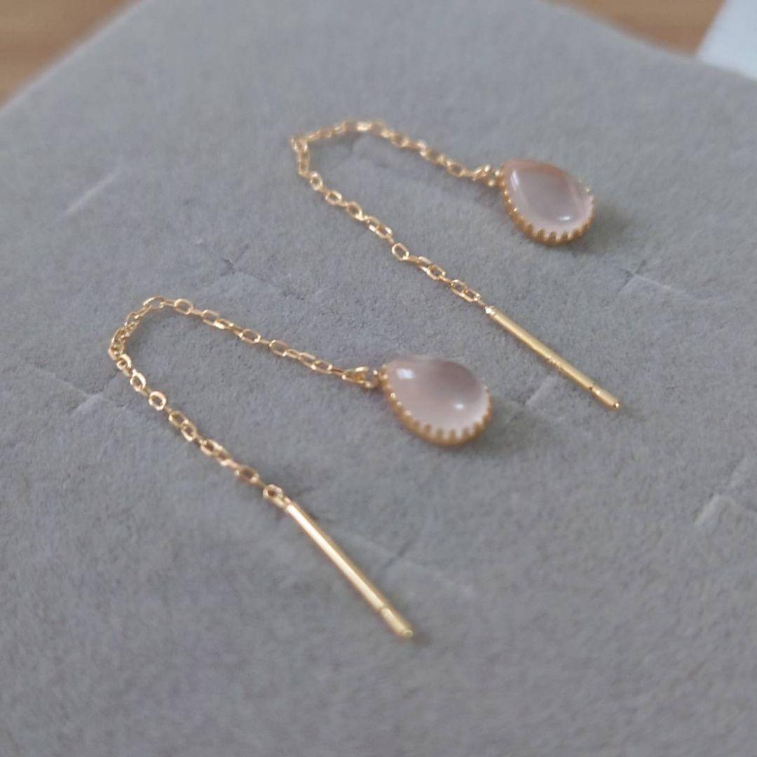 未使用　ローズクォーツ　アメリカンピアス　K18　イエローゴールド