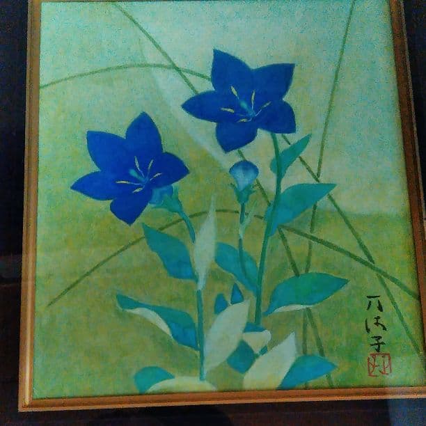 絵画　桔梗　肉筆色紙絵