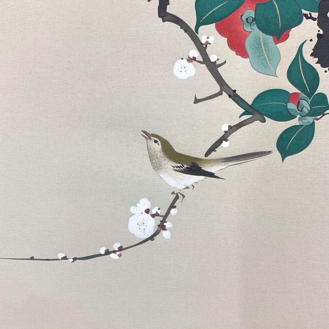 掛軸 酒井抱一 梅椿に鶯図 木箱 十二ヶ月花鳥図 工芸 太巻 7-24