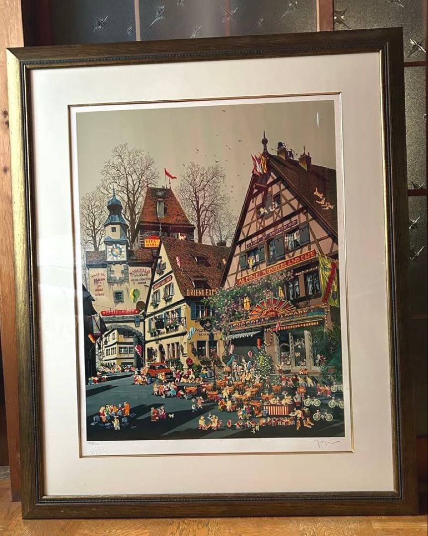 ヒロヤマガタ　スイスのチョコレート屋さん　シルクスクリーン　サイン入　絵画　額縁