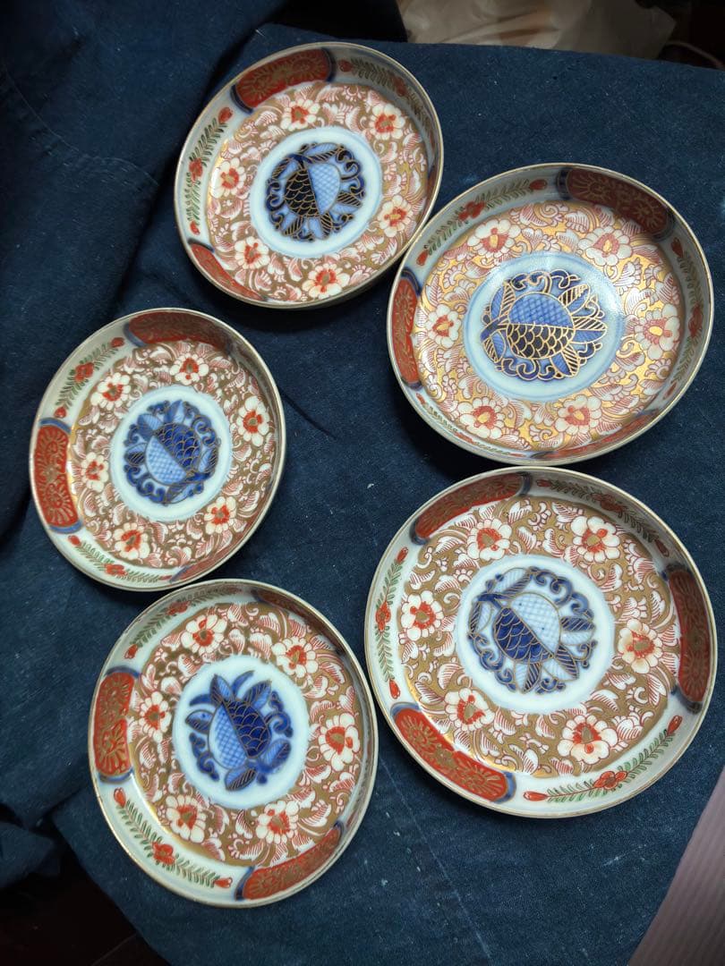 古伊万里　金彩色絵花文様　小皿　5枚　傷無し　明治　直径12.3センチ　取り皿