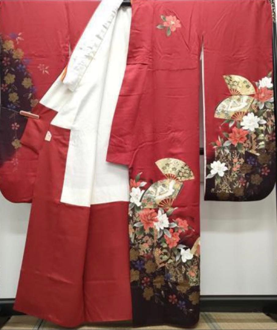 振袖フルセット6点サイズM〜L正絹 扇面鶴飛文　売り切り終了
