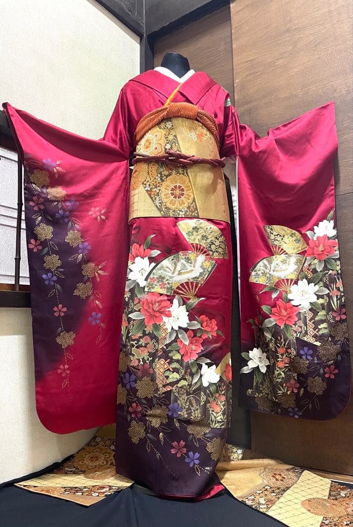 振袖フルセット6点サイズM〜L正絹 扇面鶴飛文　売り切り終了