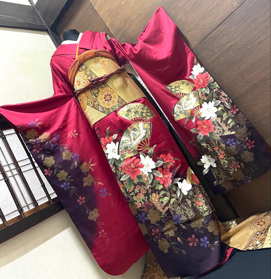 振袖フルセット6点サイズM〜L正絹 扇面鶴飛文　売り切り終了