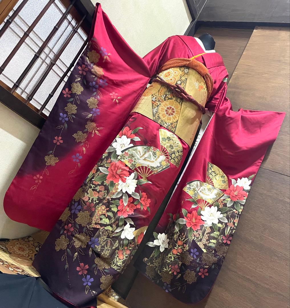 振袖フルセット6点サイズM〜L正絹 扇面鶴飛文　売り切り終了