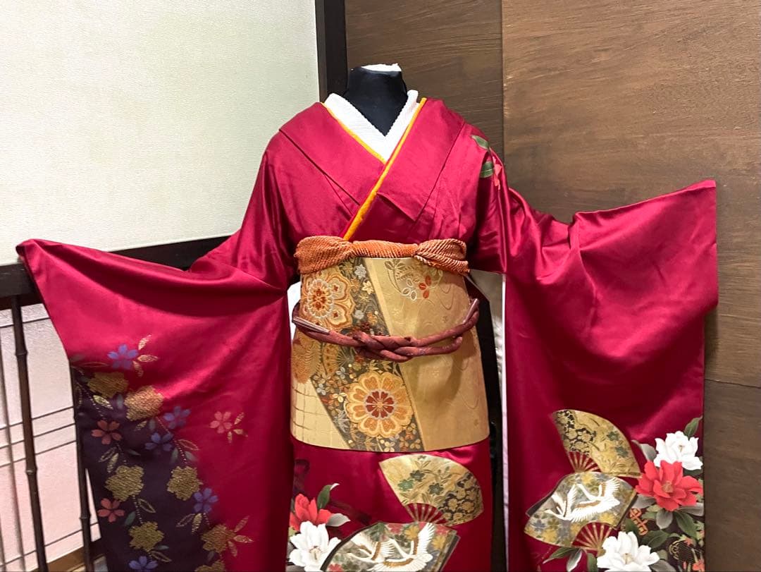 振袖フルセット6点サイズM〜L正絹 扇面鶴飛文　売り切り終了