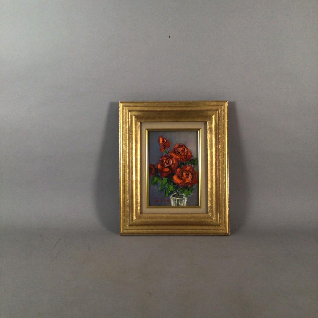 No3888 額装　真作　金原富広「バラ」　2000年 油彩画　裏書有 送料無料